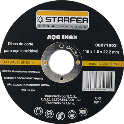 Disco De Corte Aço Inox (4.1/2) 115 X 1,0 X 22,2 Mm - Starfer - Referência: 8271003