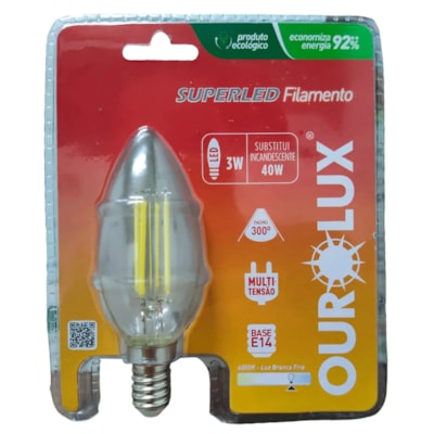 Lâmpada Led Vela Filamento Clara E14 3W Bivolt 6000K Ourolux