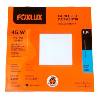 Painel embutir slim led branco quadrado 45w 6500k biv Foxlux