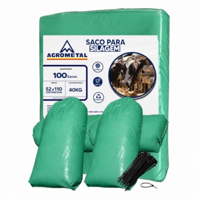 Saco Silagem Verde 100 Un 52x110cm C/Abraçadeiras Agrometal